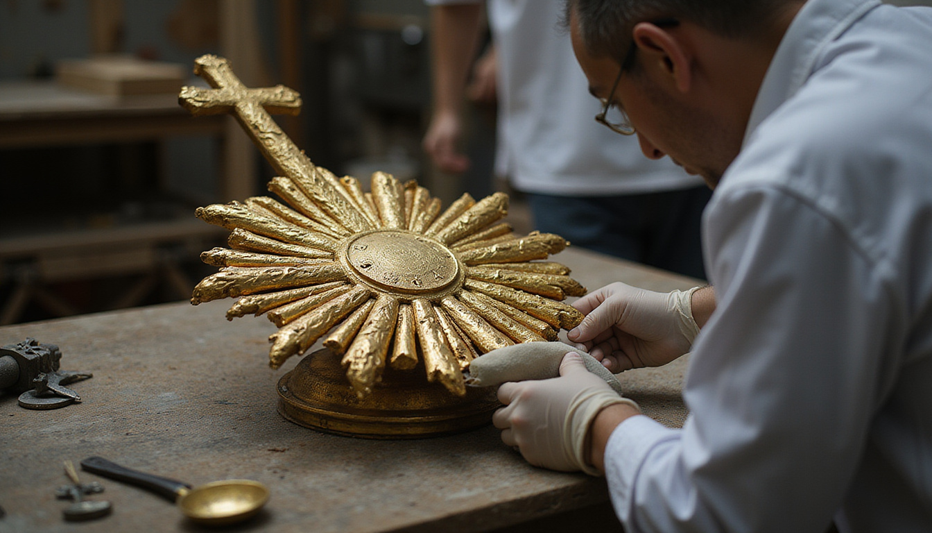  Conservator with white gloves polishing gilded monstrance on wooden bench, restoration tools, patina details