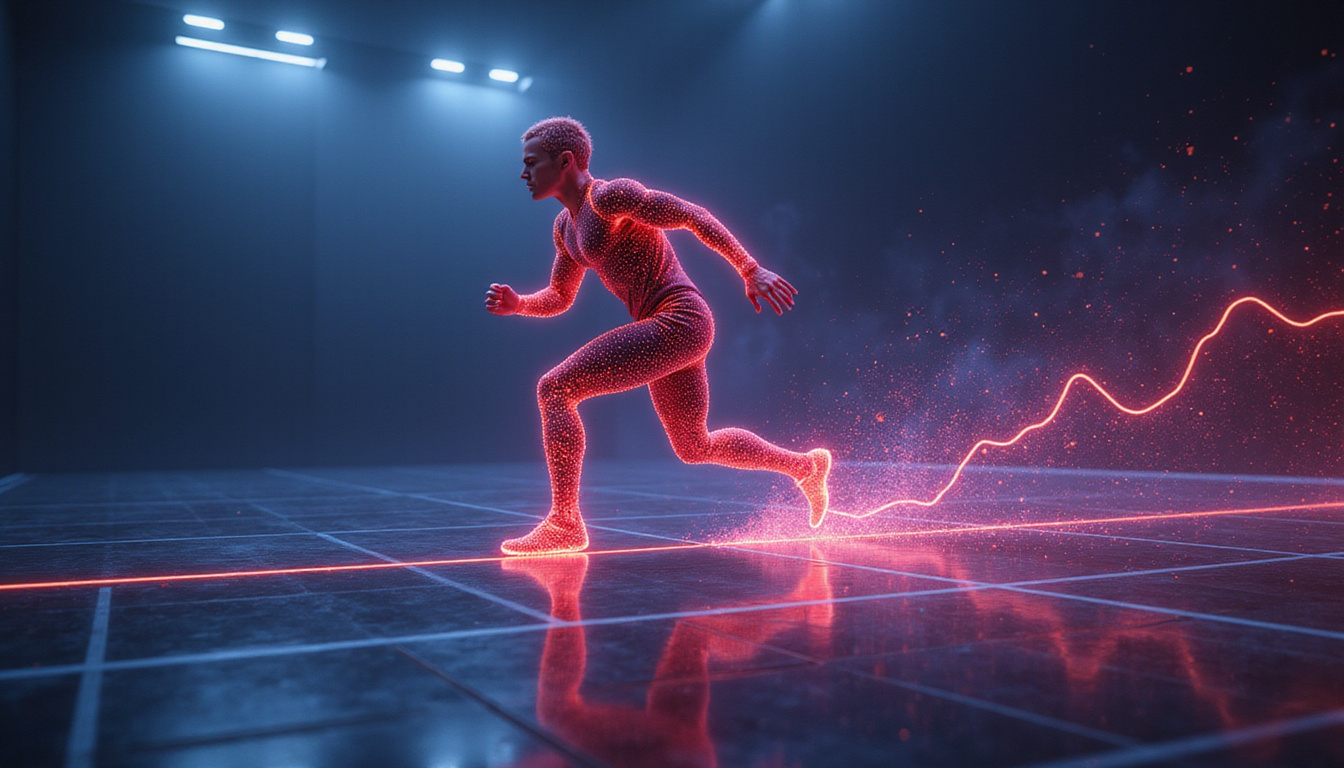  Futuristic athlete with glowing mitochondria, keto energy aura, graph lines showing speed increase