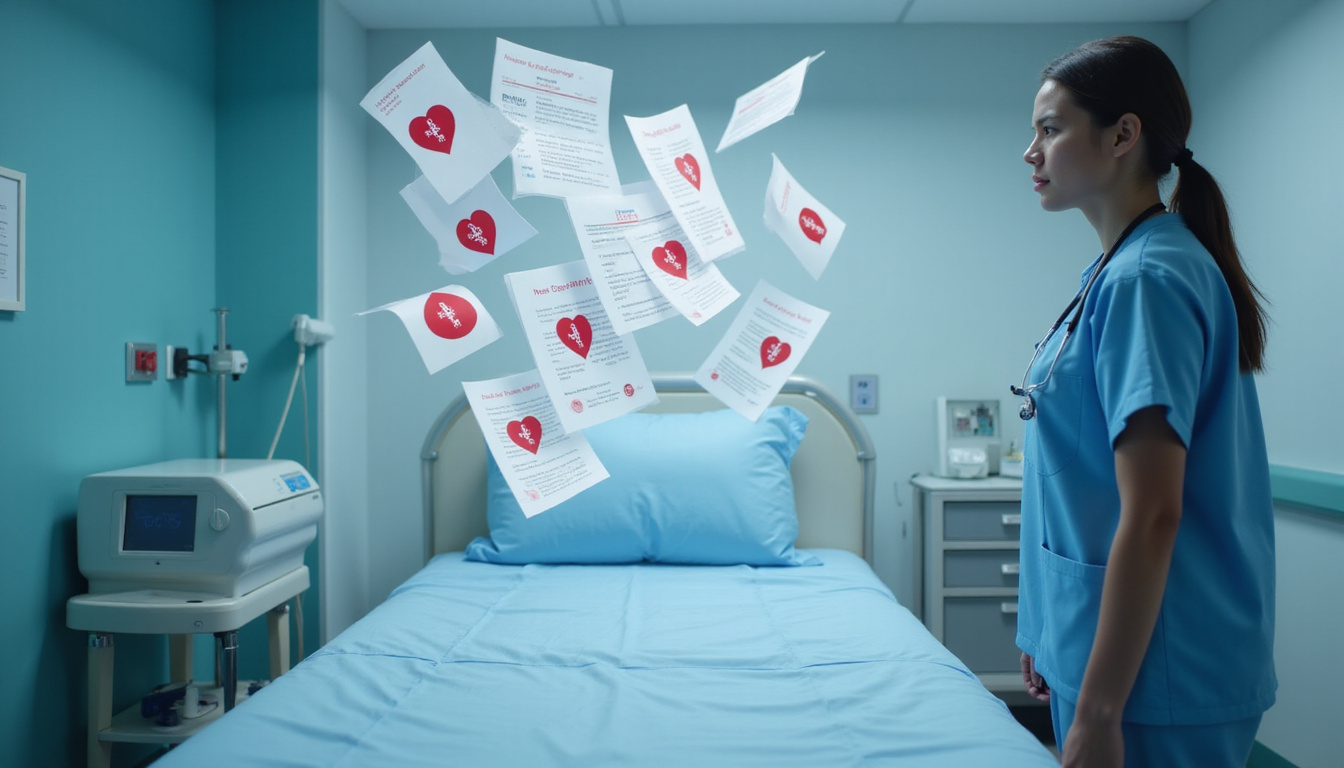  Unlocked digital medical records floating above hospital bed, red warning icons, anxious nurse