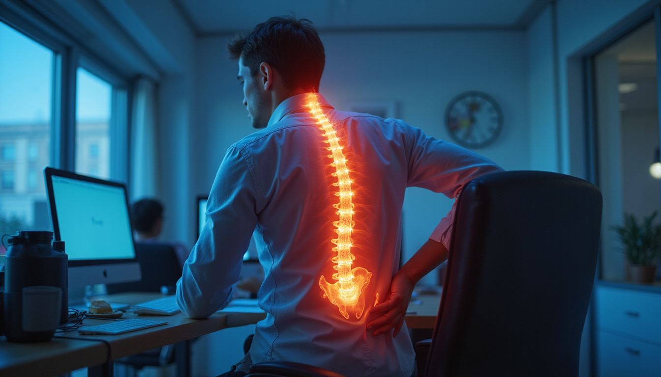 Hunched office worker with translucent spine overlay, glowing pain hotspots, applying ice pack for fast relief