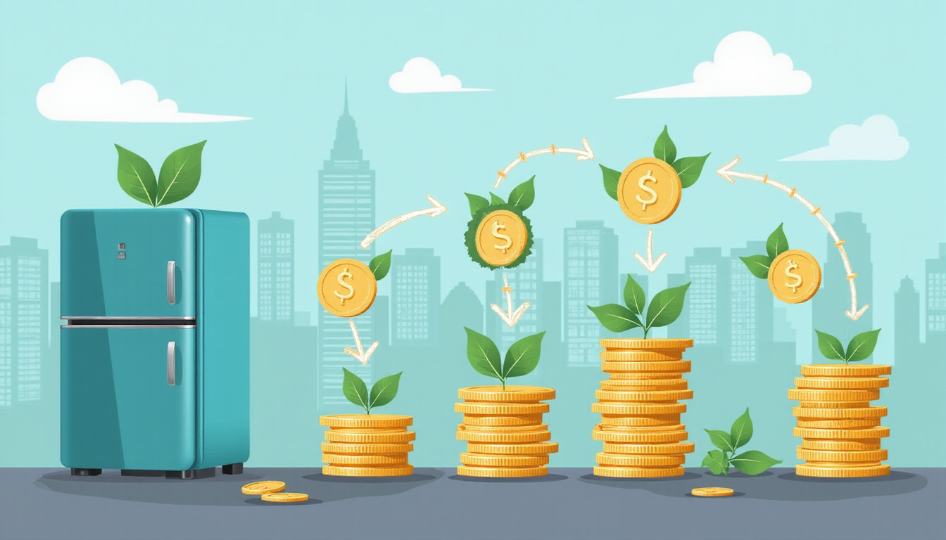  Infographic-style scene: coins transforming into recycled refrigerators, eco-friendly symbols, vibrant cityscape