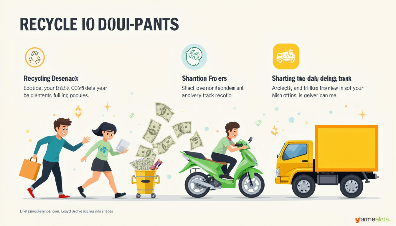 Vibrant infographic: recycling, sorting hacks, dollar bills shrinking, speedy delivery truck icon