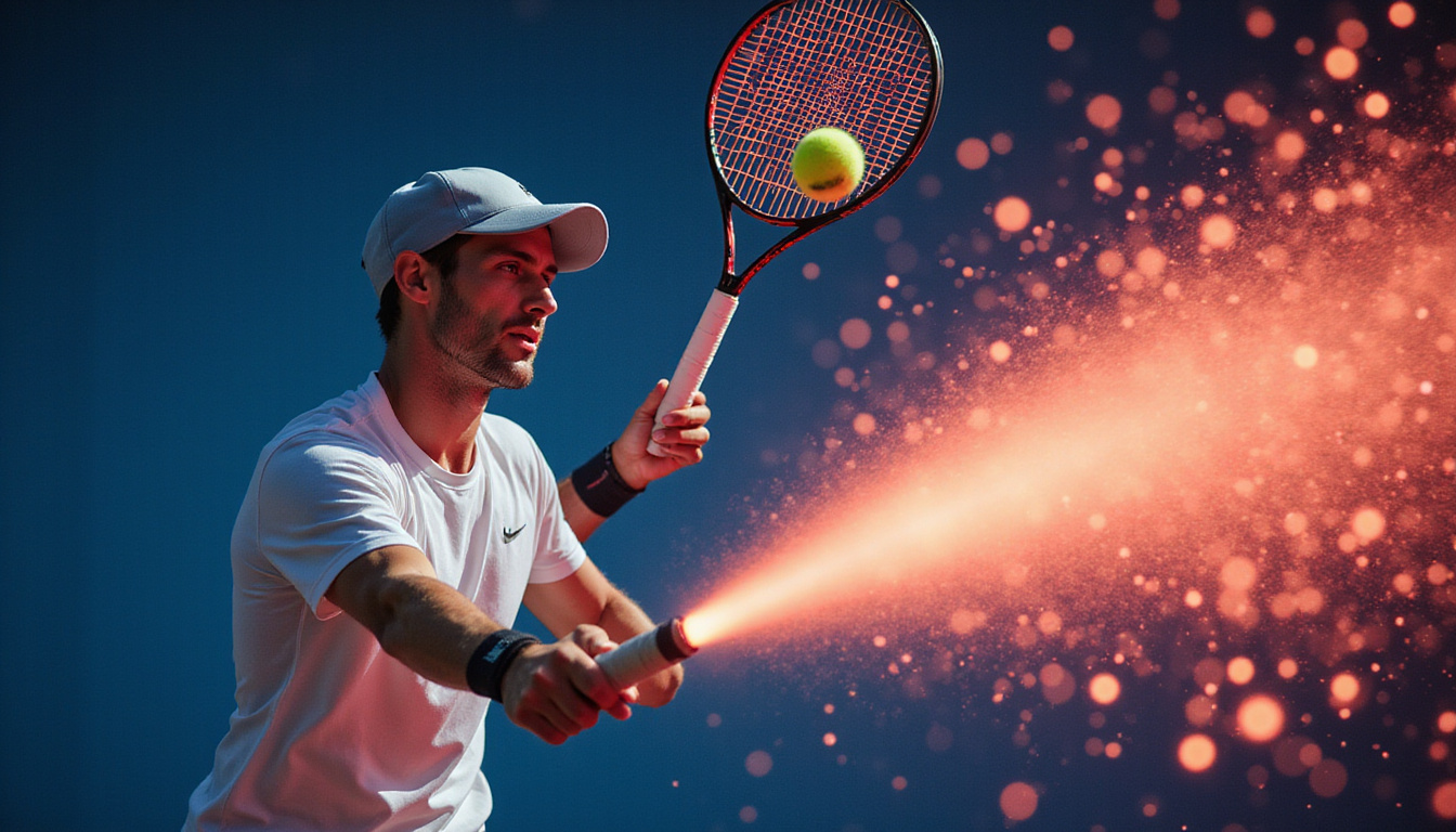  Player mid-swing demonstrating boosted control, glowing vibration waves dissipating, court lights, focused intense expression