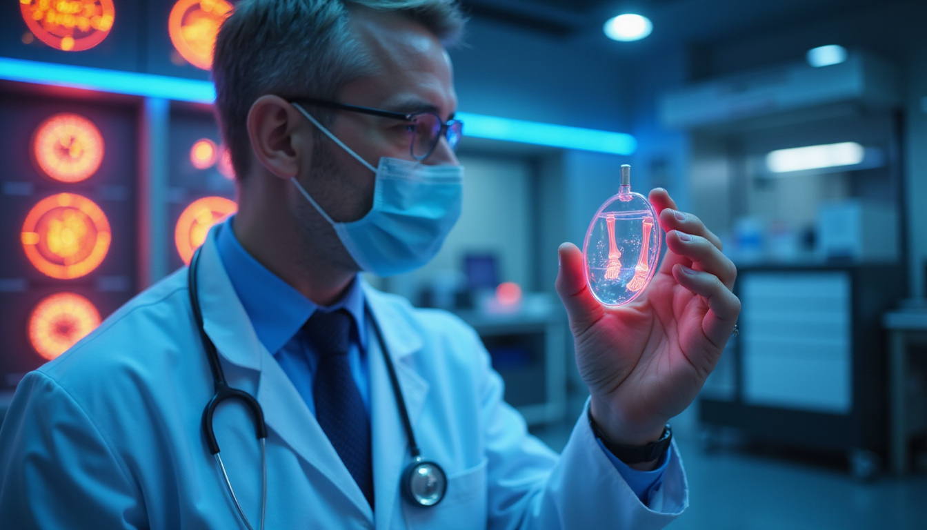  Clinician holding biosensor readout detecting COMP biomarker for early osteoarthritis, futuristic lab lighting