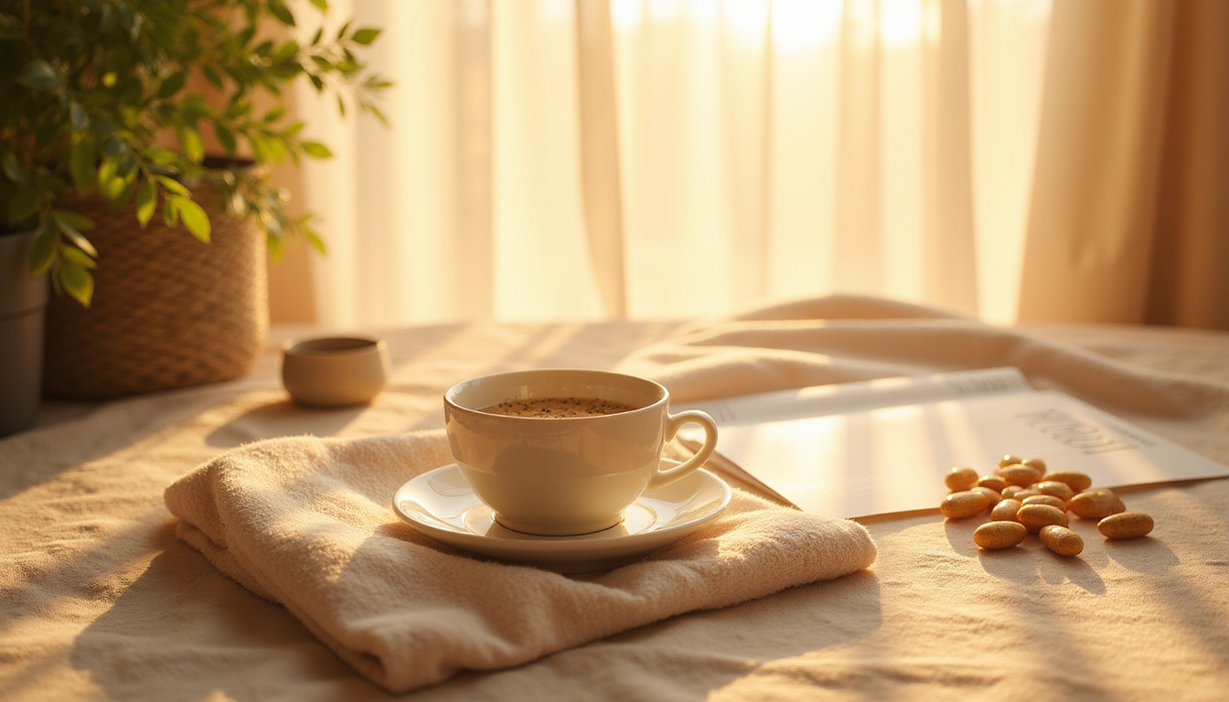  Warm comforting scene: herbal tea, heating pad, supplements, doctor consultation pamphlet, hopeful light
