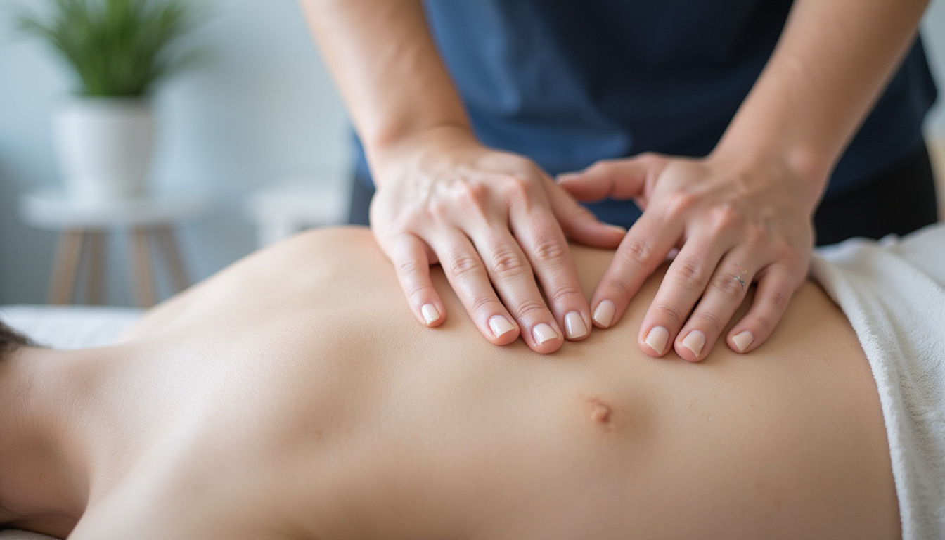Close-up hands-on myofascial release, anatomical overlay, patient smiling, restored mobility, soft pastel palette