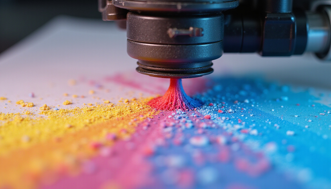 Macro shot of inkjet nozzle spraying rainbow ink, schematic overlays of cost-saving and maintenance icons