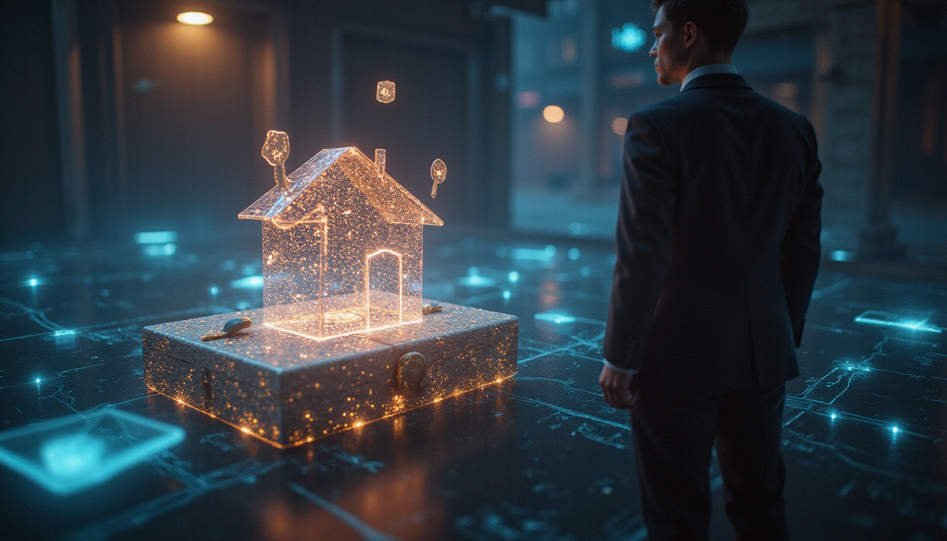 Vintage ledger merging with holographic database, floating house icons, secret keys, savvy buyer silhouette
