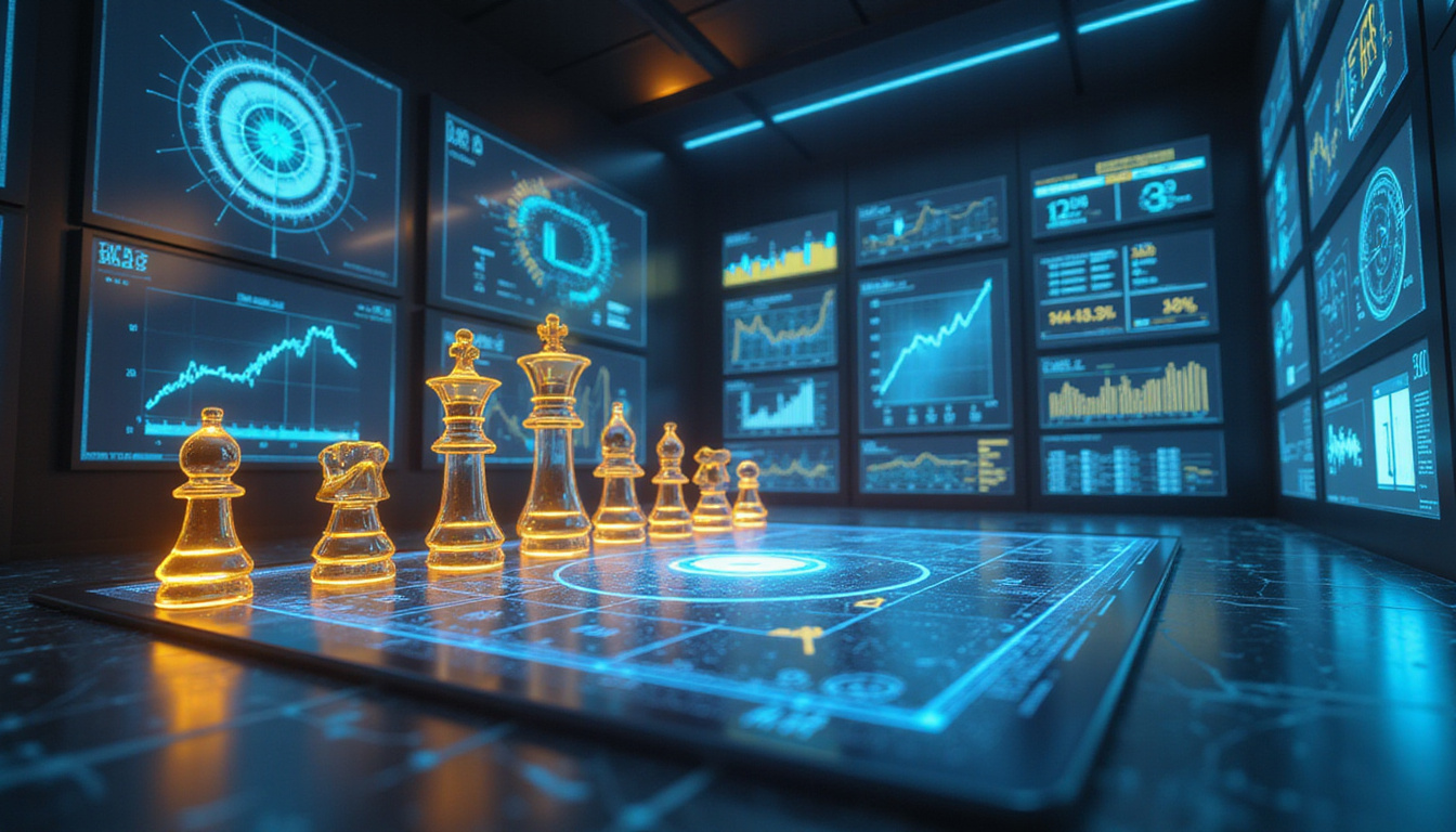 Futuristic strategy room with holographic dashboards, chess pieces, golden arrow skyrocketing