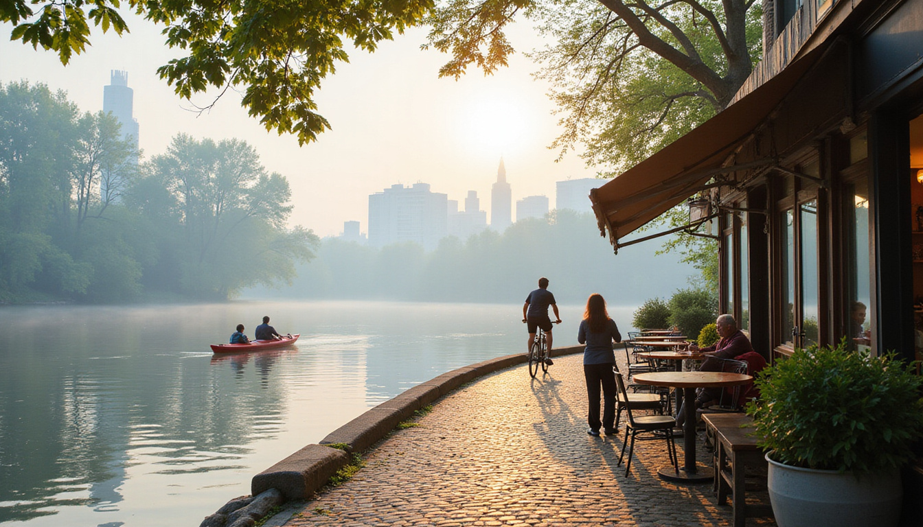 Early morning kayakers, riverside cafe tables, cobblestone promenade, cyclists, misty city skyline reflections