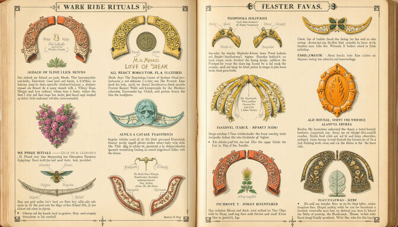  Antique guidebook illustration of wishbone rituals, labeled steps with symbols for luck, love, wealth
