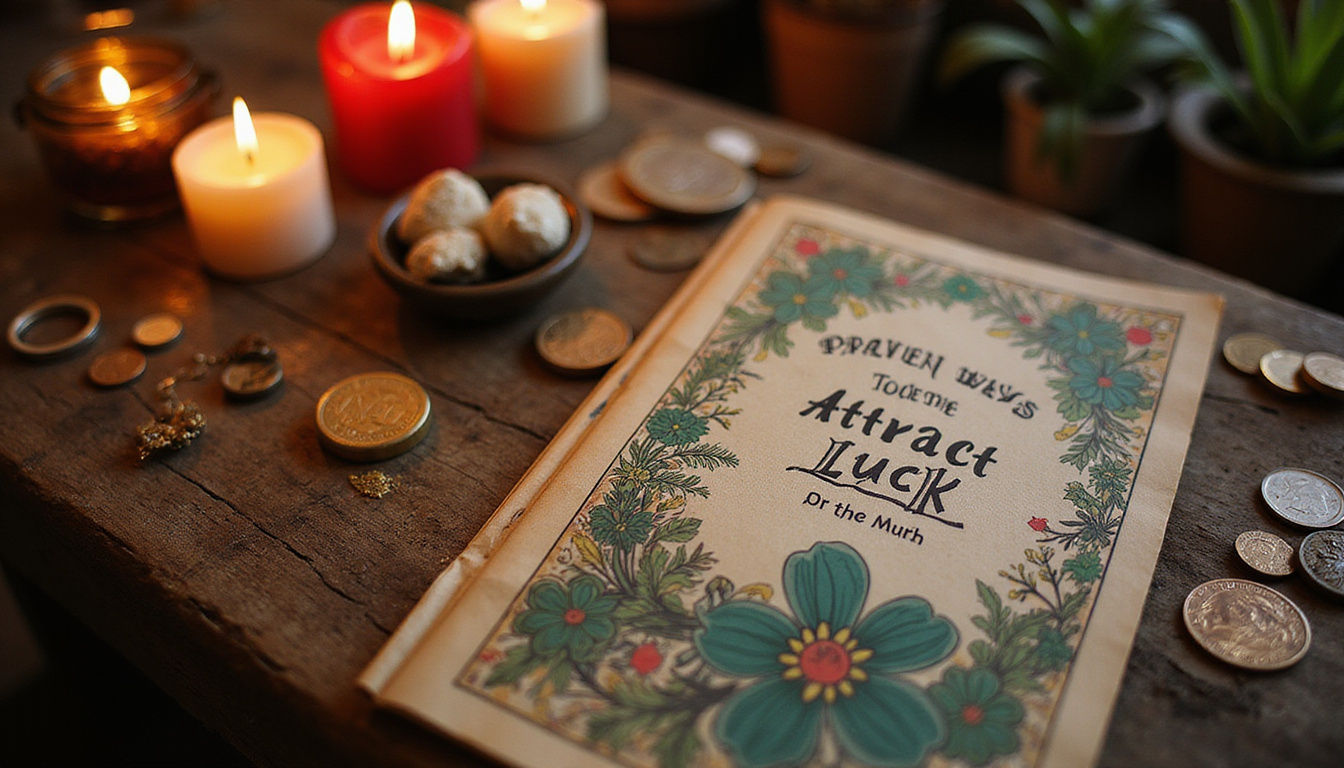 Ancient ritual altar with candles, coins, lucky charms, illustrated pamphlet titled Proven Ways to Attract Luck