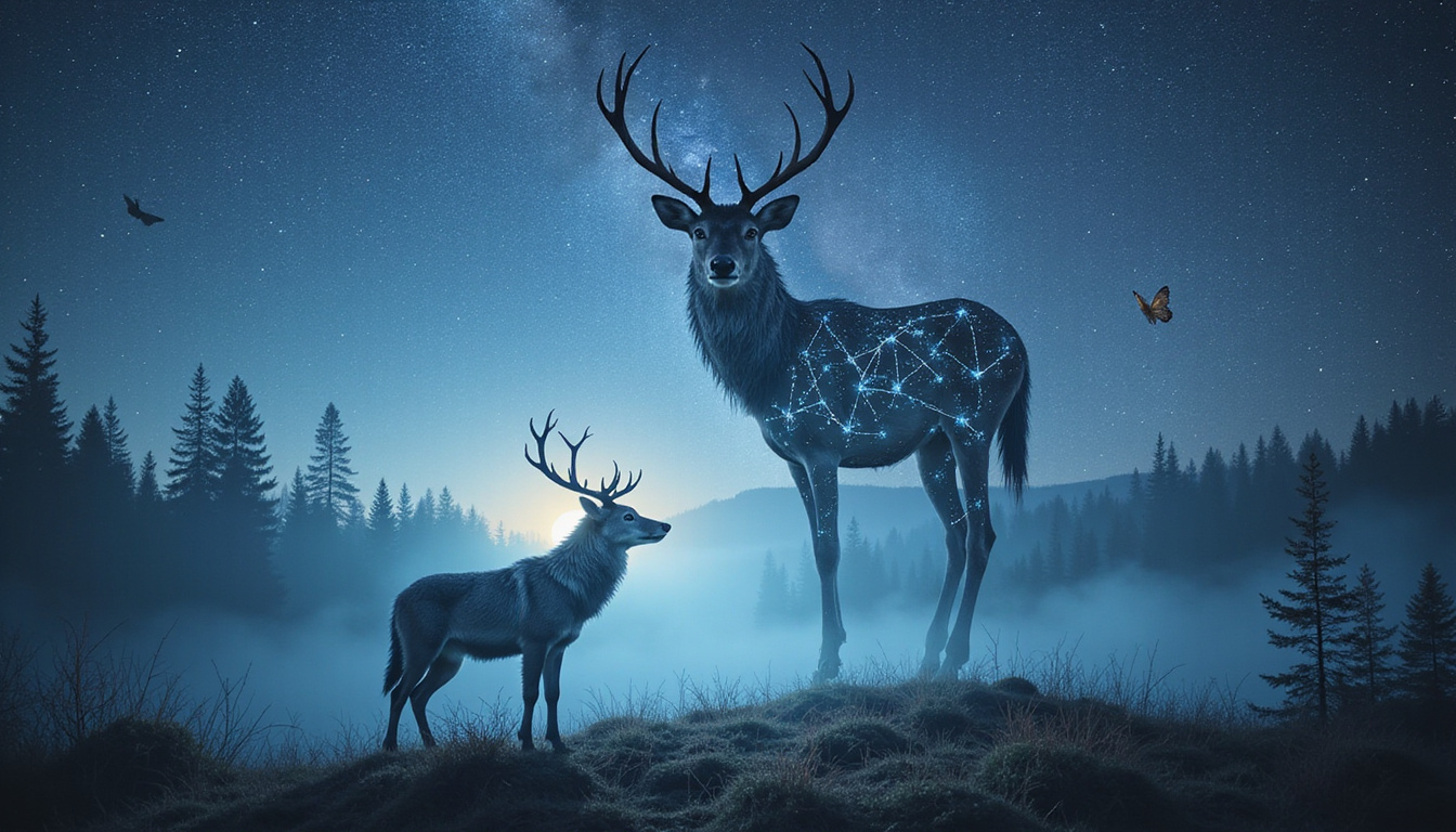 Stag, wolf, butterfly morphing into constellations above misty forest, unlocking nature