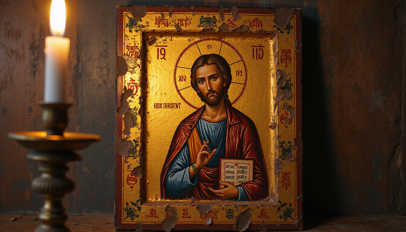  Ancient icon behind church candlelight, peeled varnish exposes cryptic symbols, auction catalogue and gavel