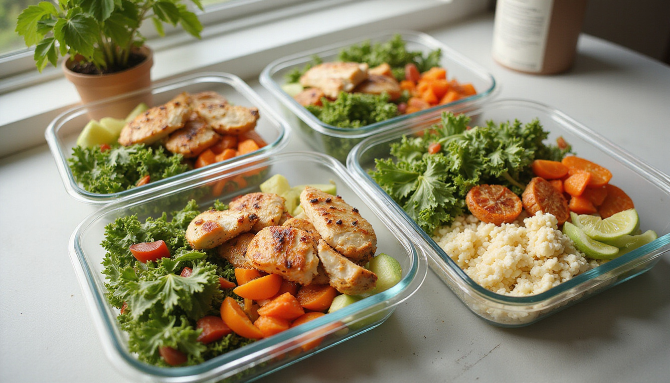 Meal prep containers lined with vibrant salads, grilled chicken, cauliflower rice, recipe cards, morning sunlight