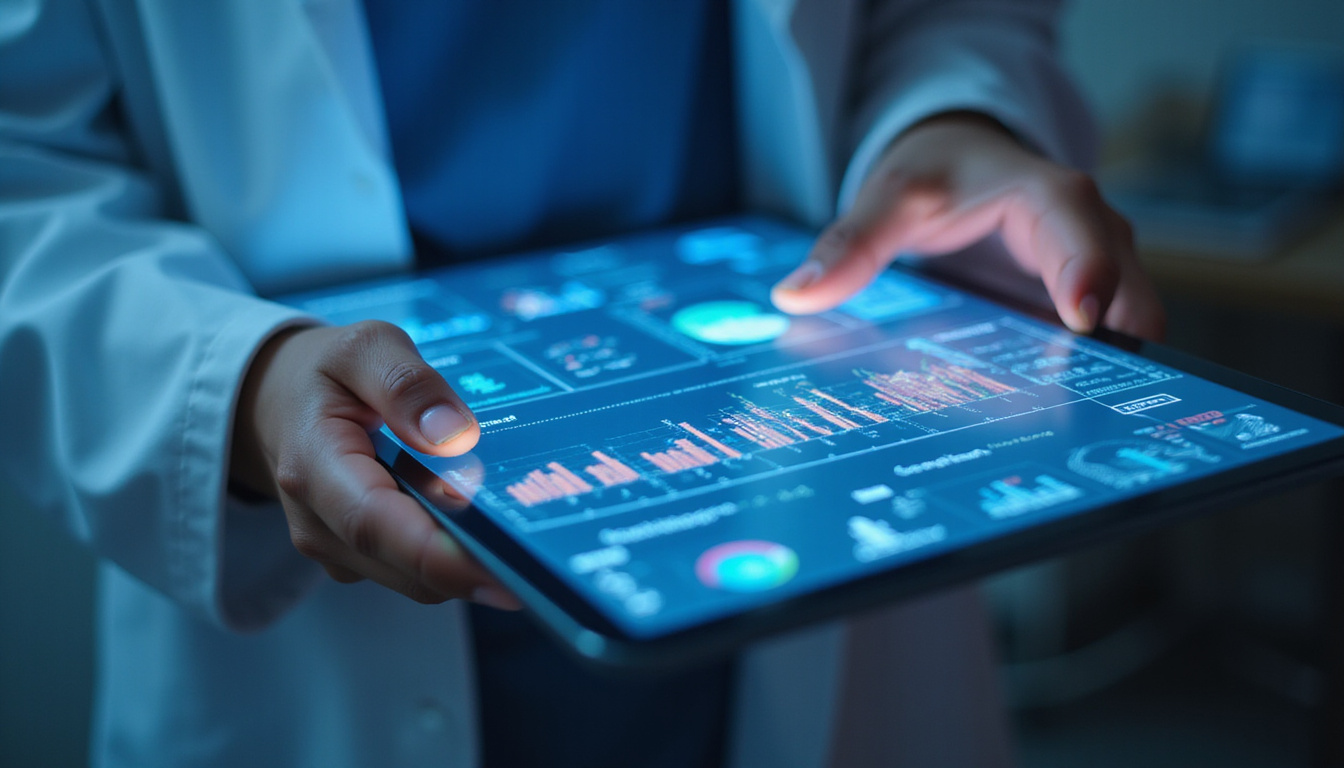  Close-up of transparent tablet with glowing charts, AI algorithms overlay, improving patient outcomes