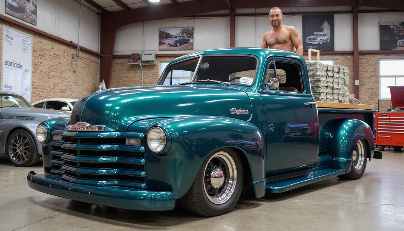 Rebuilt pickup gleaming beside toolbox, blueprint, cash stack, triumphant owner celebrating