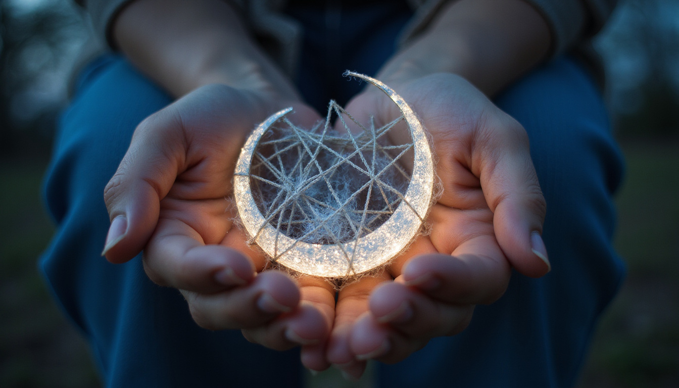 Person cradling a silver crescent moon, tangled heartstrings forming astrological pattern, soft nightlight
