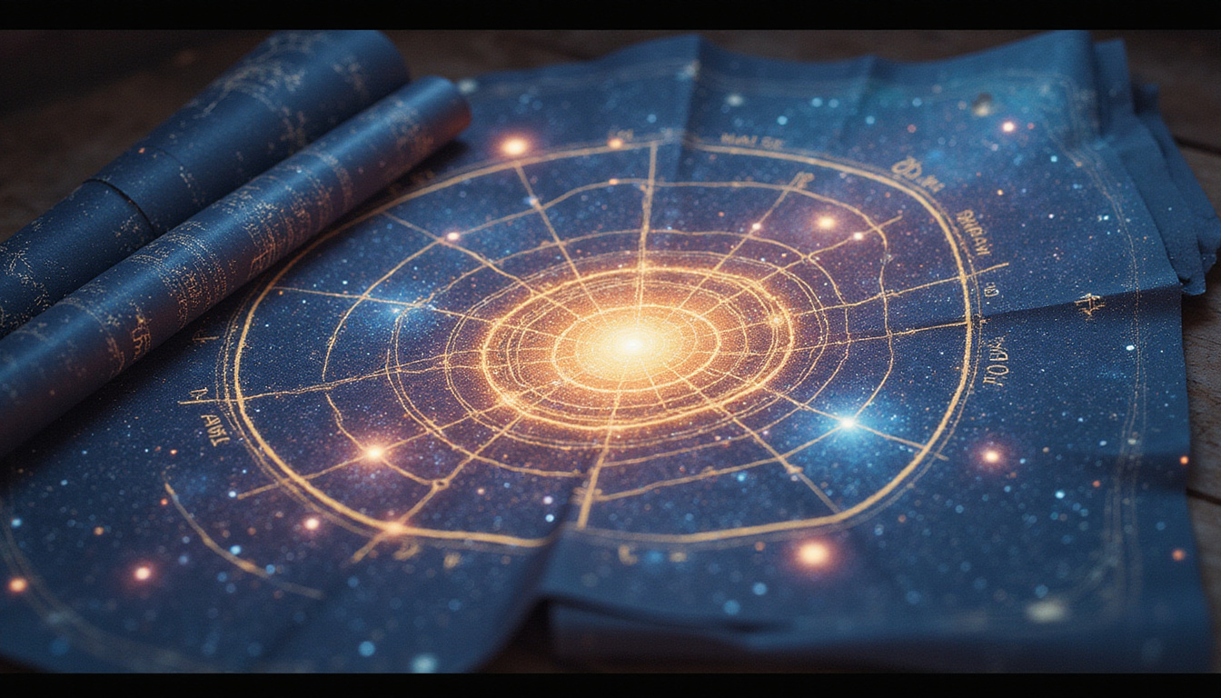  Mystical astrologer unrolling star map, pathways of life illuminated, ethereal cosmic light