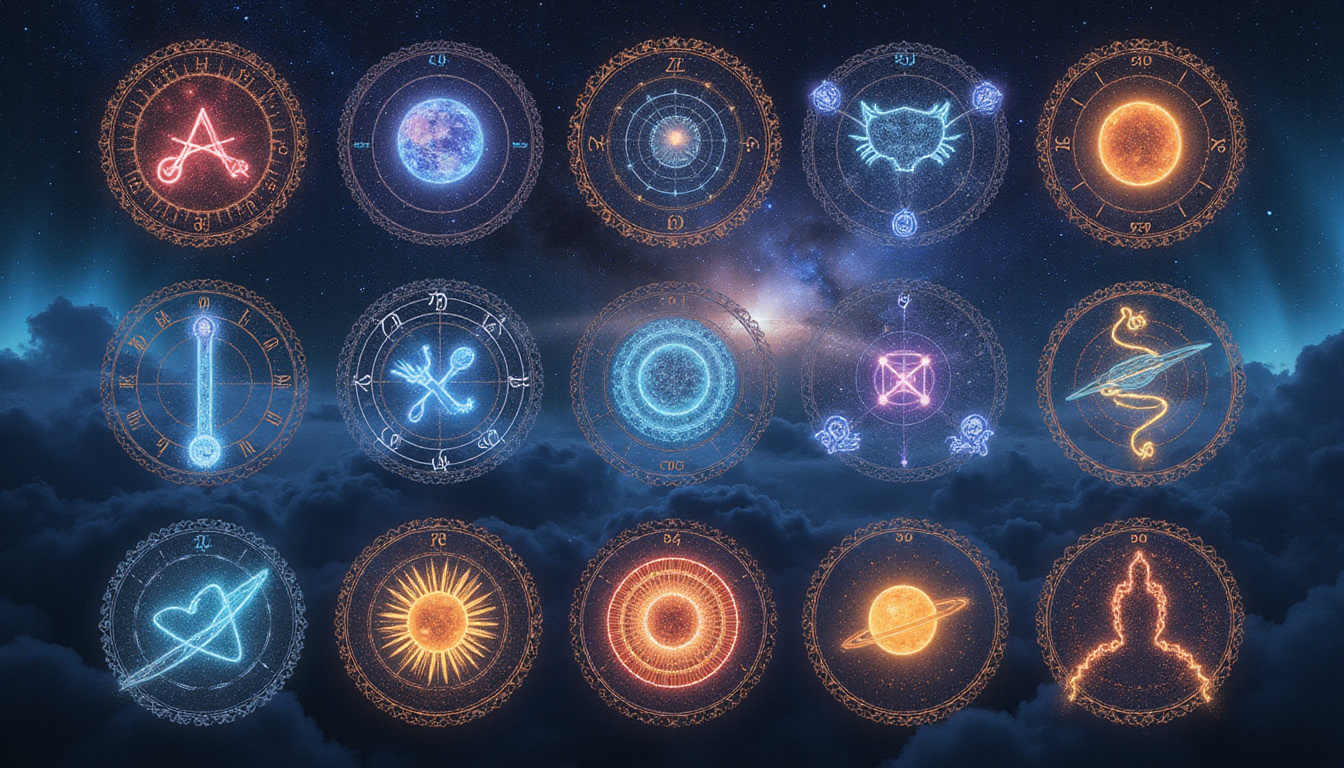 Twelve zodiac portraits illuminated by planetary orbits, cosmic charts, mystical aurora overhead