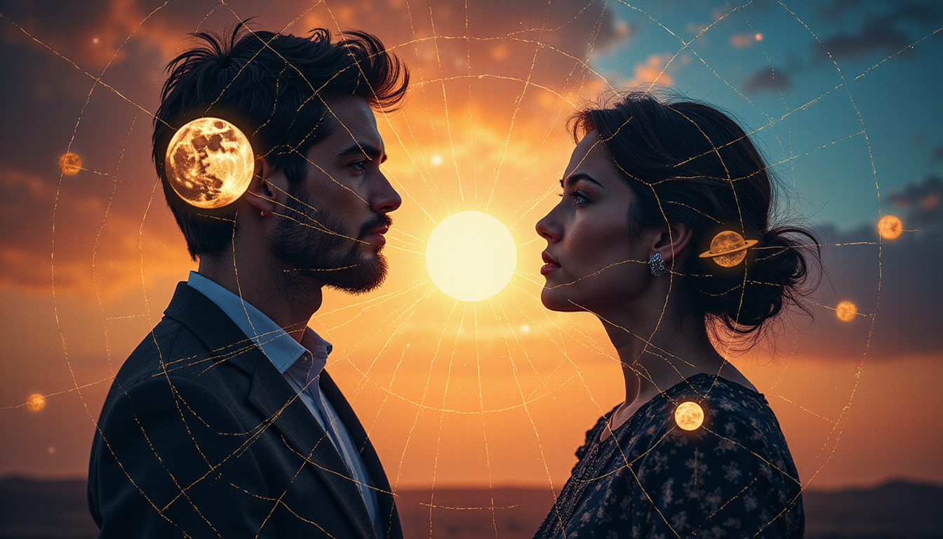 Astrology chart overlay connecting two silhouettes with golden lines, moon, sun, planets