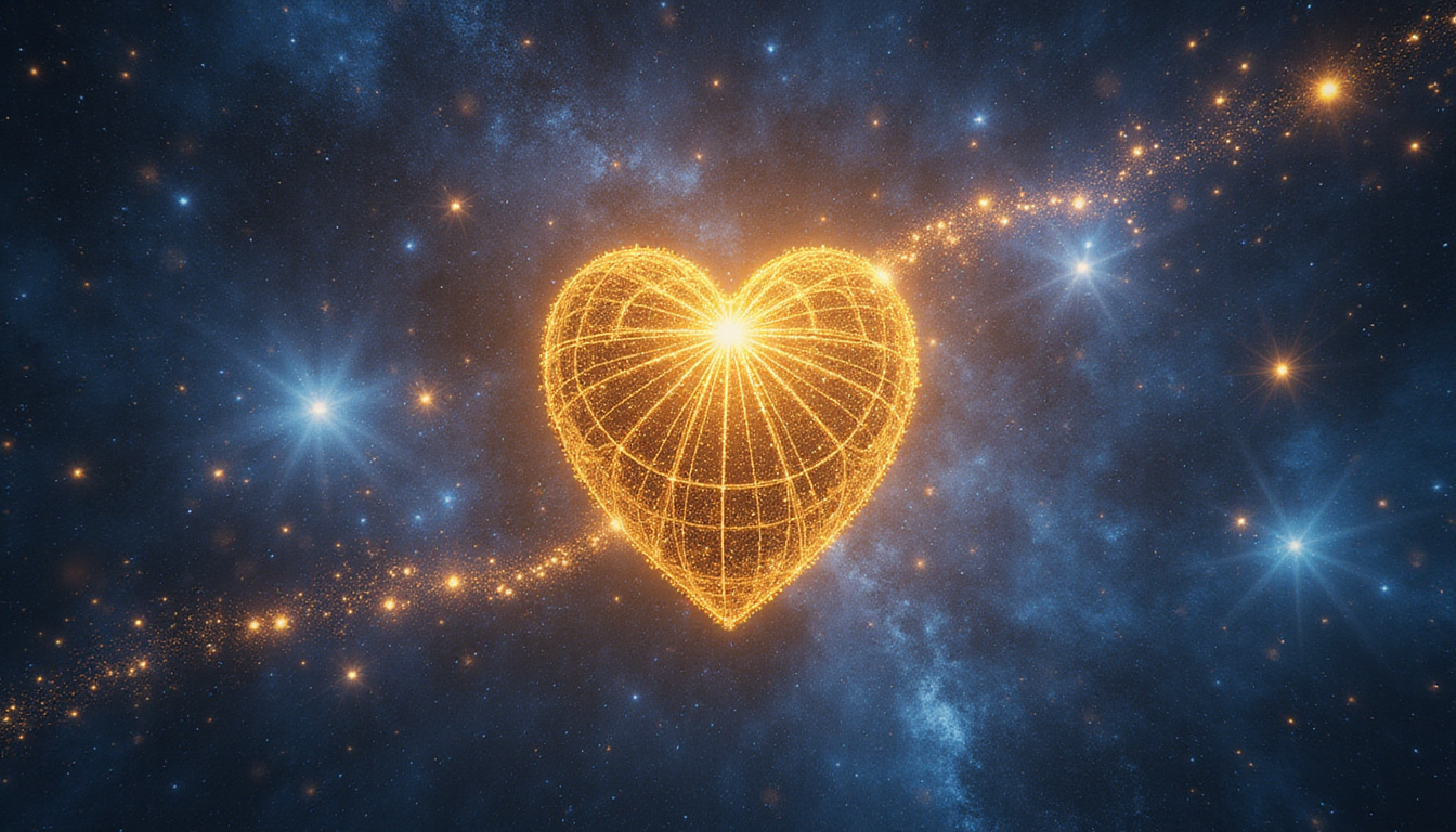  Golden key unlocking star-map heart, strengths and shadows swirling, cosmic energy, luminous threads