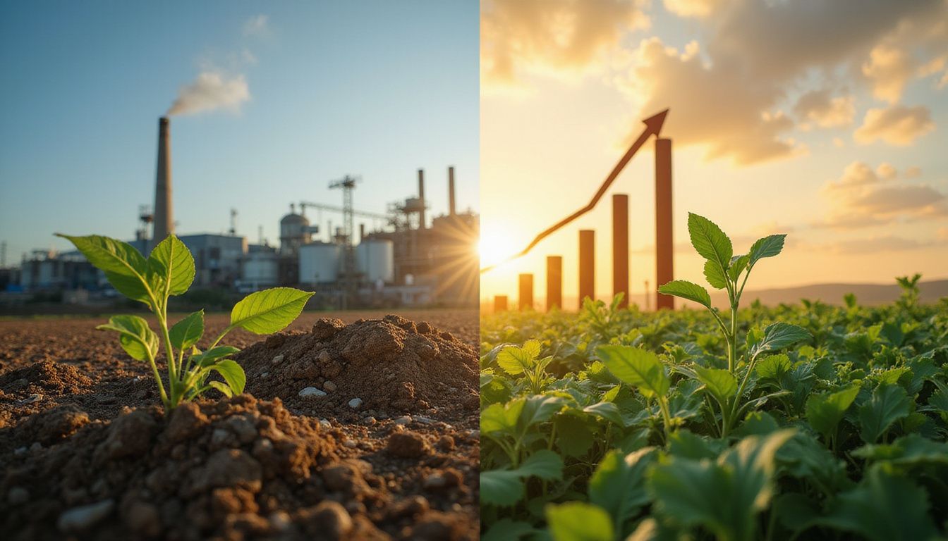  Split-screen before and after landfill vs circular factory, plants, upward profit graph, warm lighting
