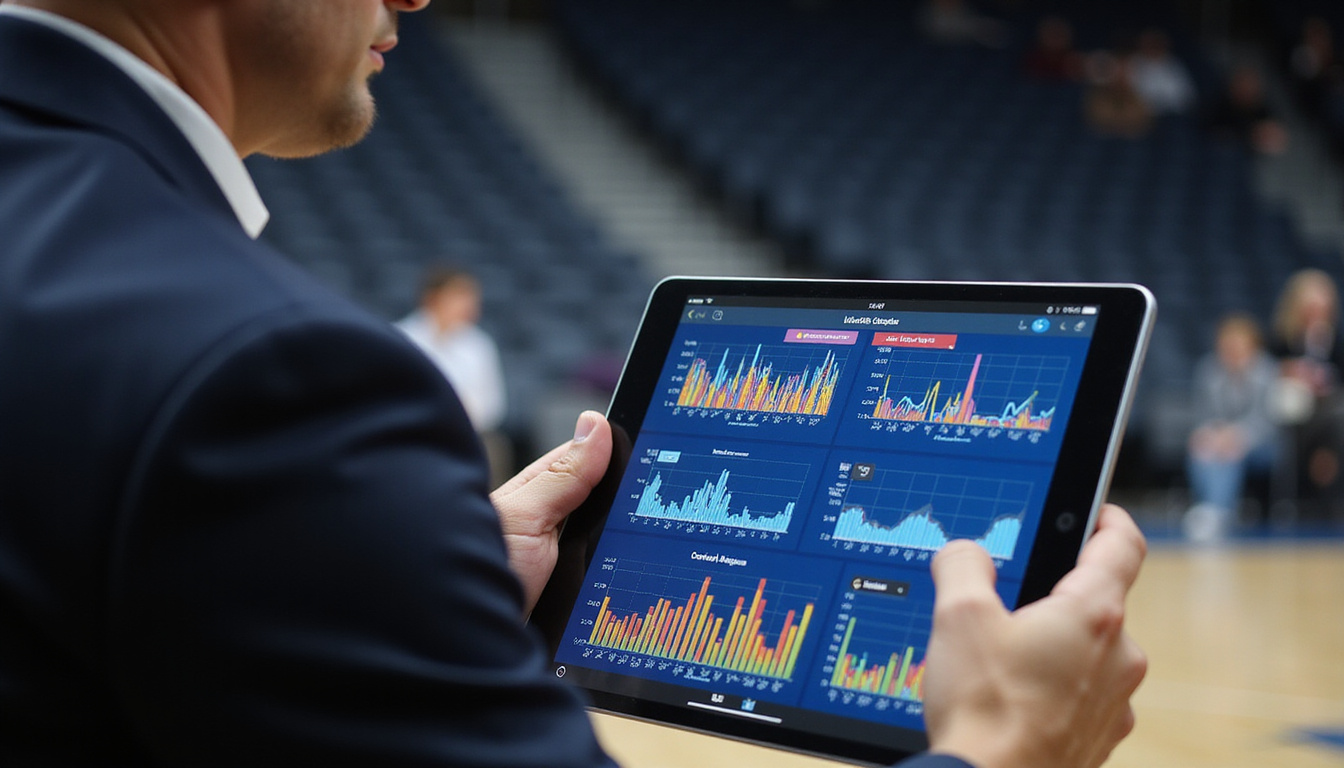  Coach analyzing colorful load graphs and injury risk alerts on tablet courtside, dramatic lighting
