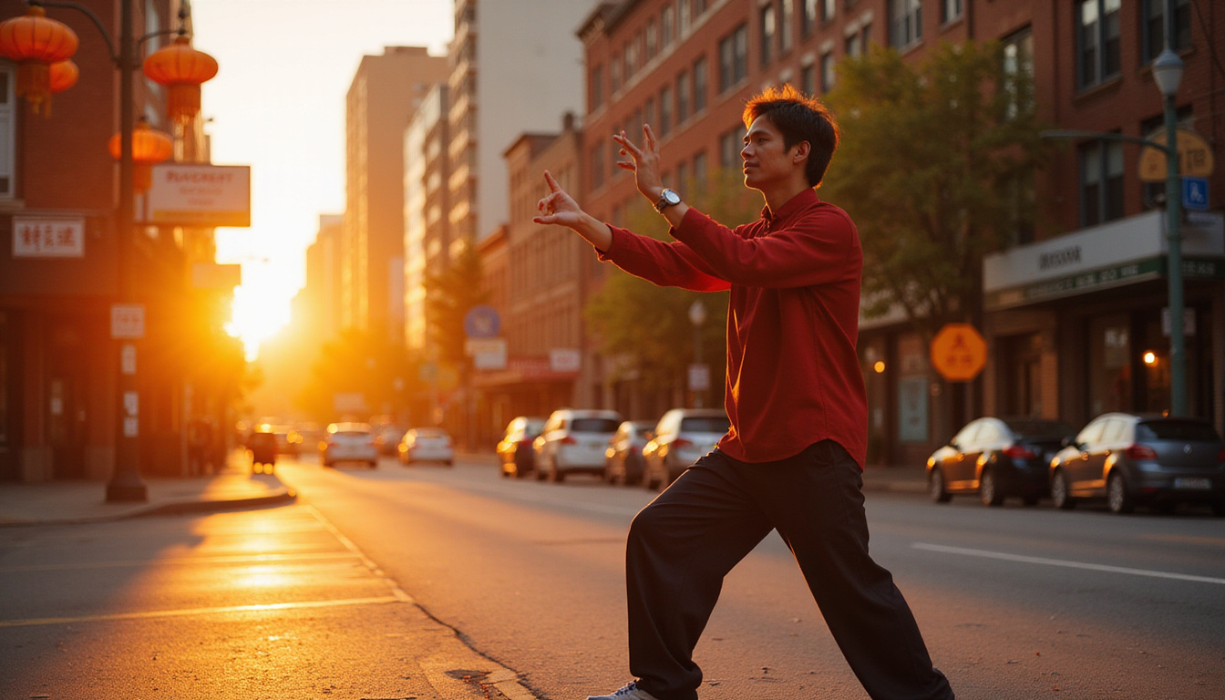  Morning tai chi therapy session near neon Chinatown street, stretching, recovery, cinematic golden hour
