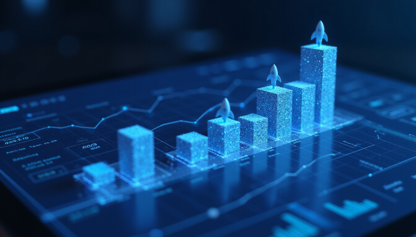 Midnight blue dashboard with holographic email analytics, rockets launching from open rate bars, cinematic lighting