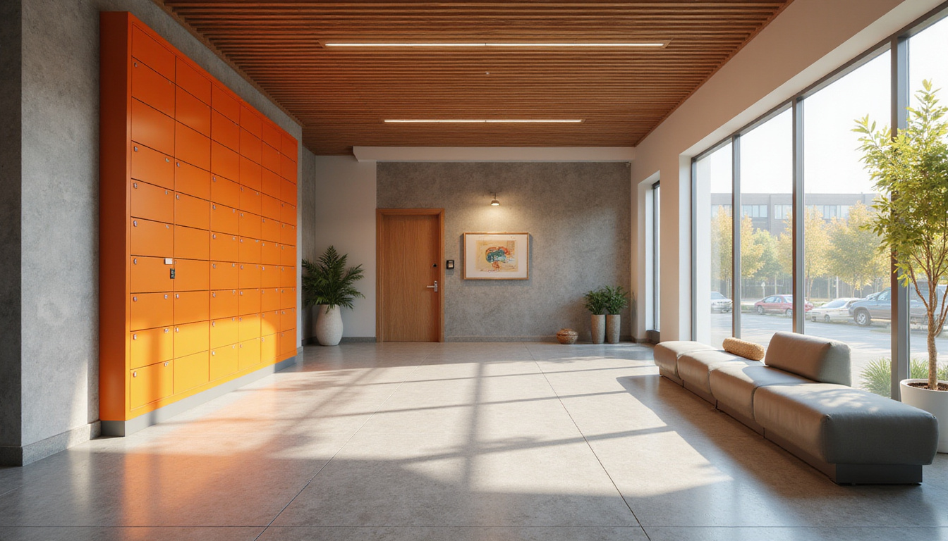 Contemporary lobby with smart lockers, package room, pet spa, secure access, warm natural light