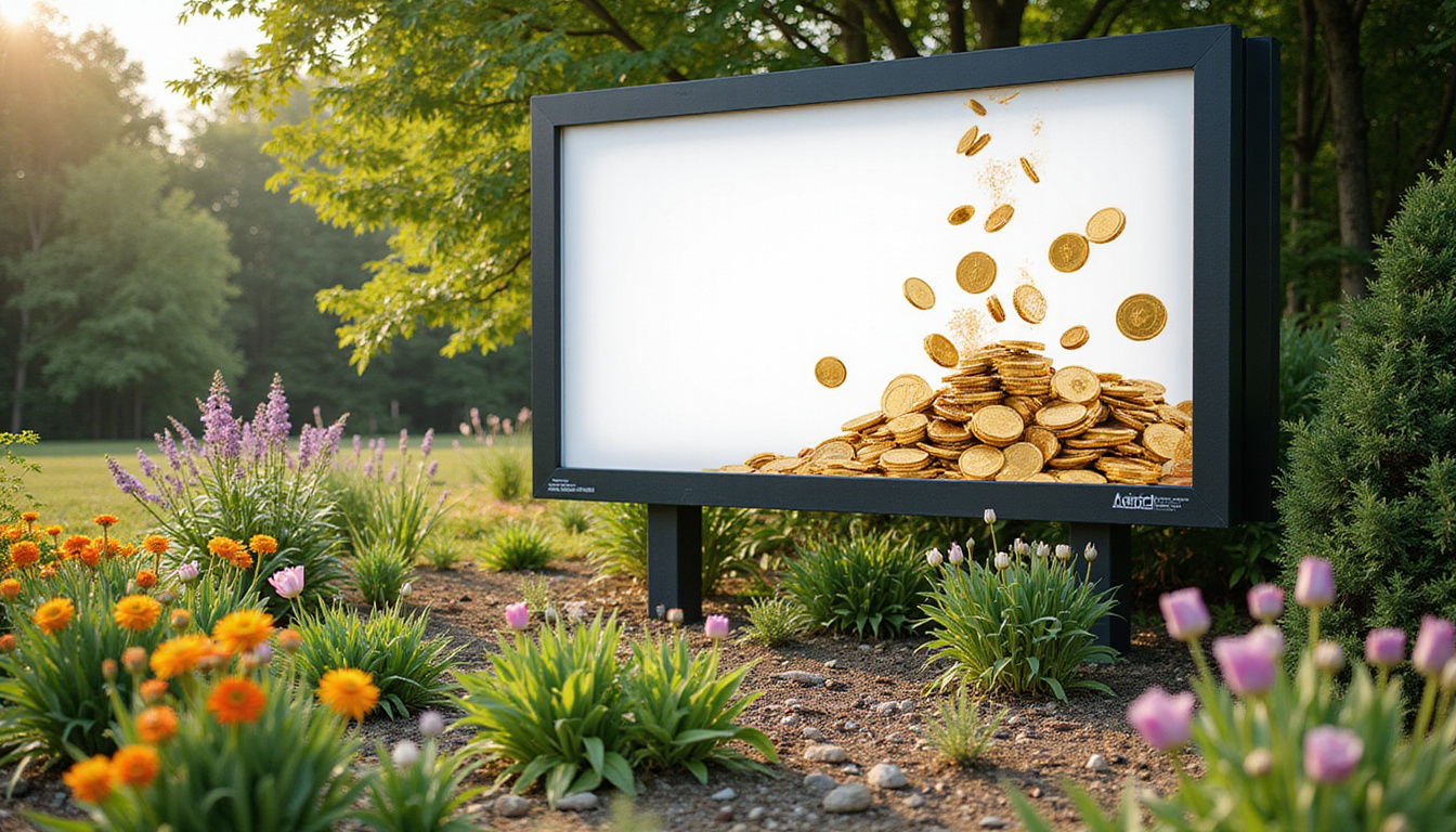Writer watering website garden, coins and visitors bloom, crossed-out billboard advertising