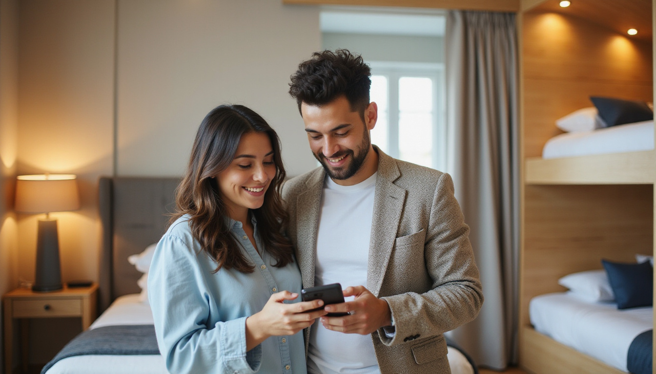  Affordable suite booking scene, smiling parents with smartphone checking deals, concierge, playful bunk beds
