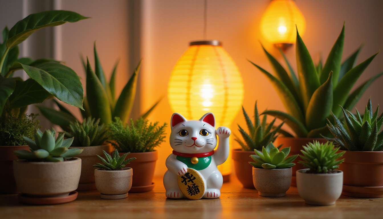 Porcelain lucky cat amidst lush houseplants, paper lantern glow, cozy home-transforming charm