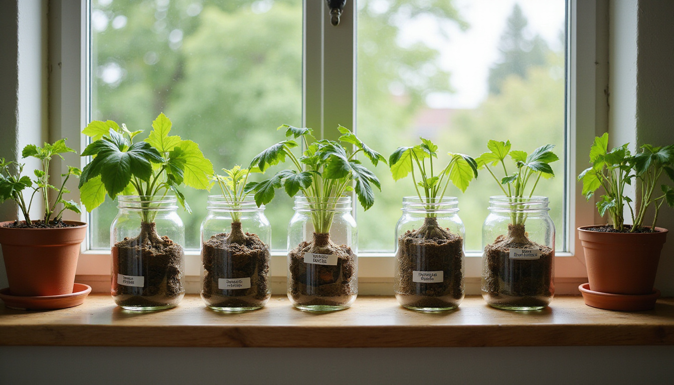  DIY propagation station on windowsill, root-cuttings in jars, labeled, sunlit apartment nook