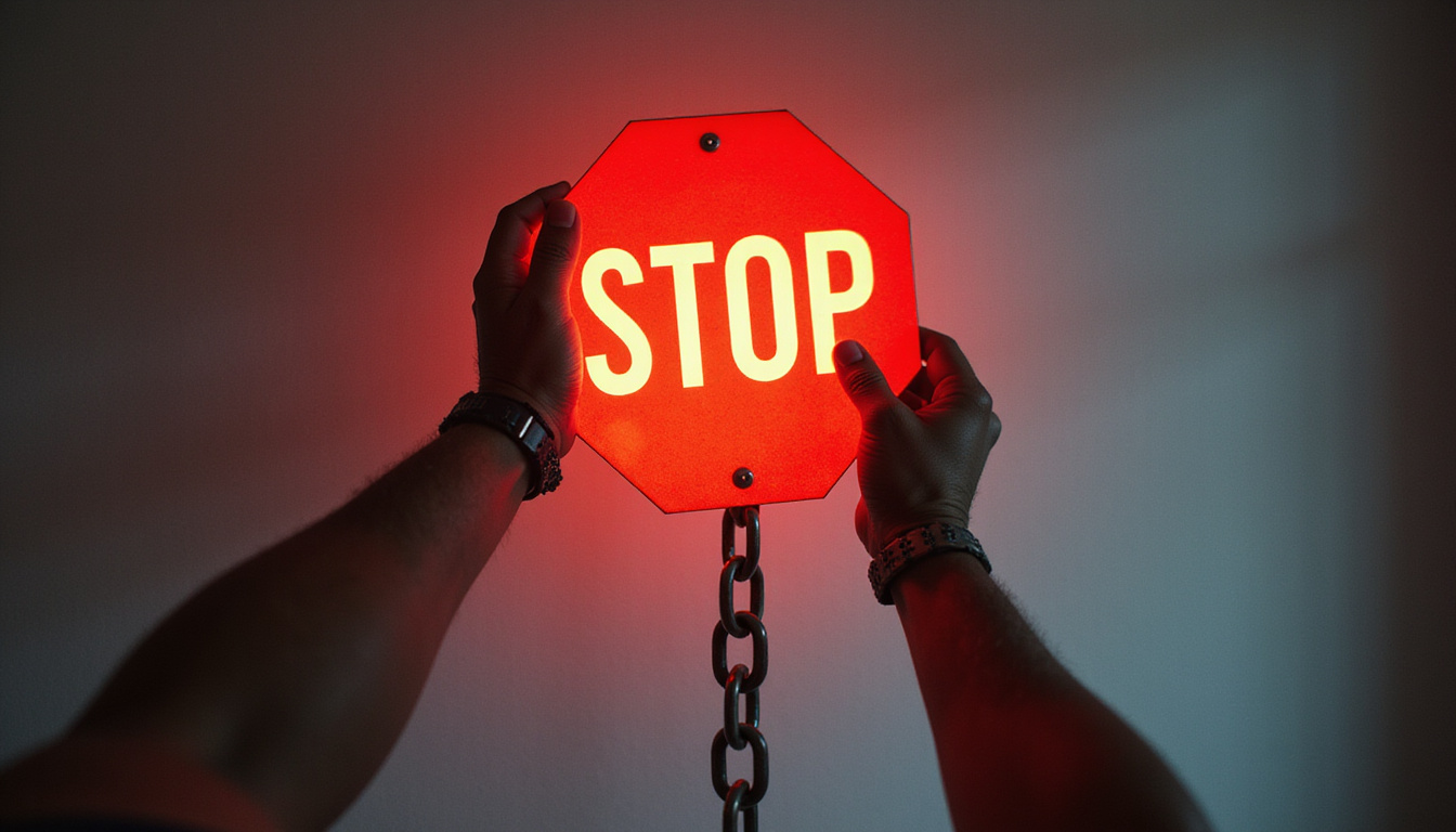  gloved hand slamming red stop sign breaking chain of footsteps, healing light, high contrast, hopeful