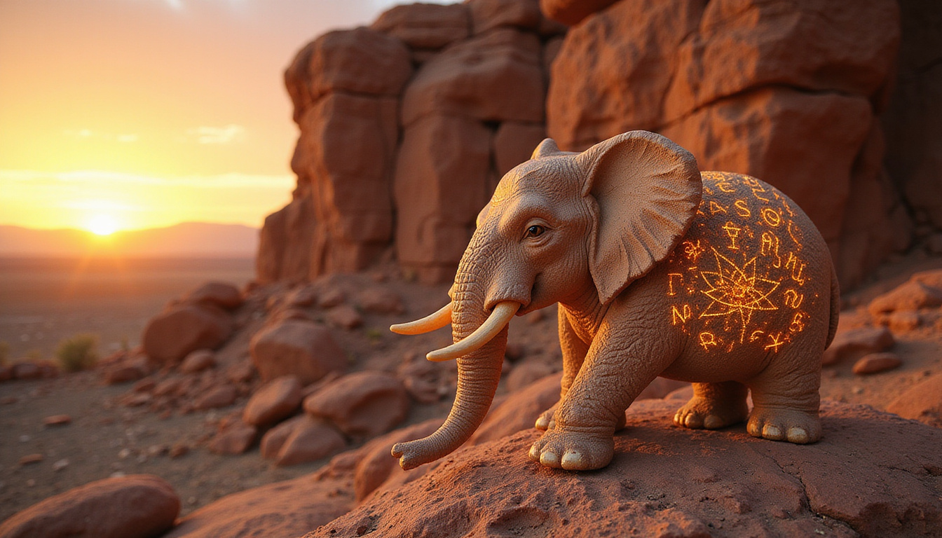 Ancient elephant sage carved in sandstone, glowing runes, wisdom radiating, desert sunset