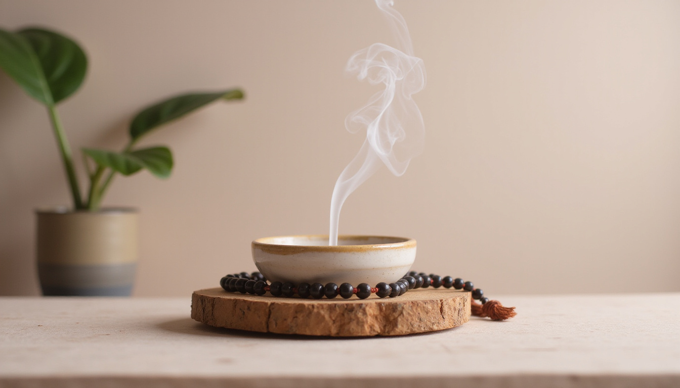  Minimal altar with mala beads, incense smoke curling, calming neutral tones, peaceful ritual