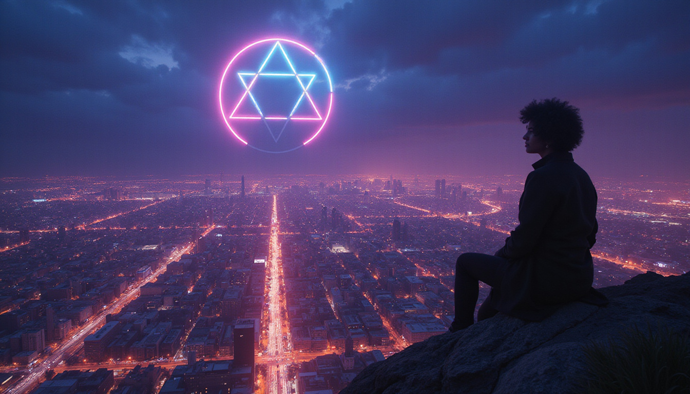  A wise oracle silhouette mapping glowing decision pathways above city, neon sigils, contemplative mood