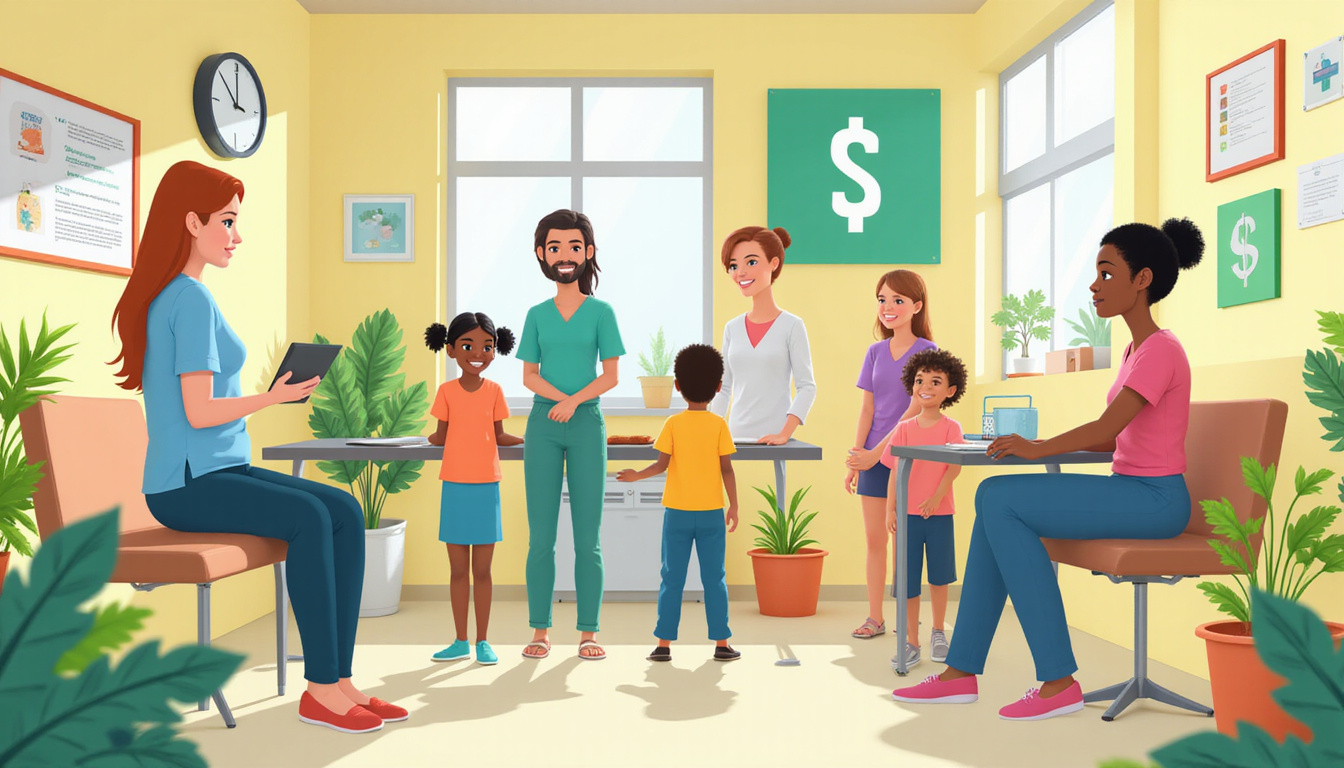  Community clinic scene, preventive care outreach, happy families, green savings symbols, bright optimistic colors