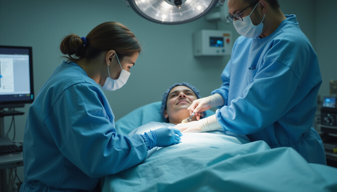 A hopeful patient receiving minimally invasive epidural adhesion removal, surgeon, sterile operating room, soft cinematic lighting