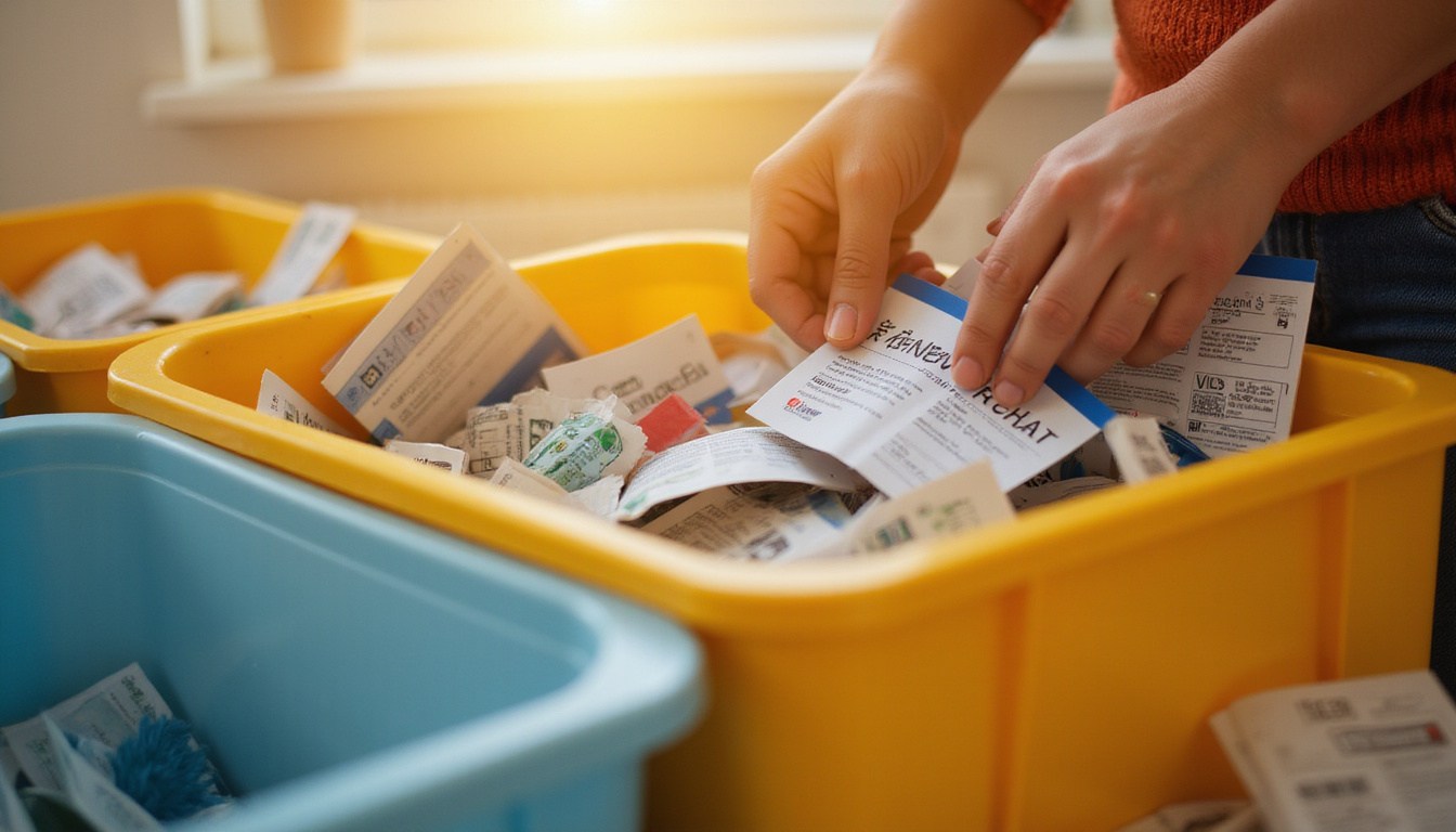 Close-up hands sorting labeled bins, secret sorting method, warm morning light, minimalist aesthetic