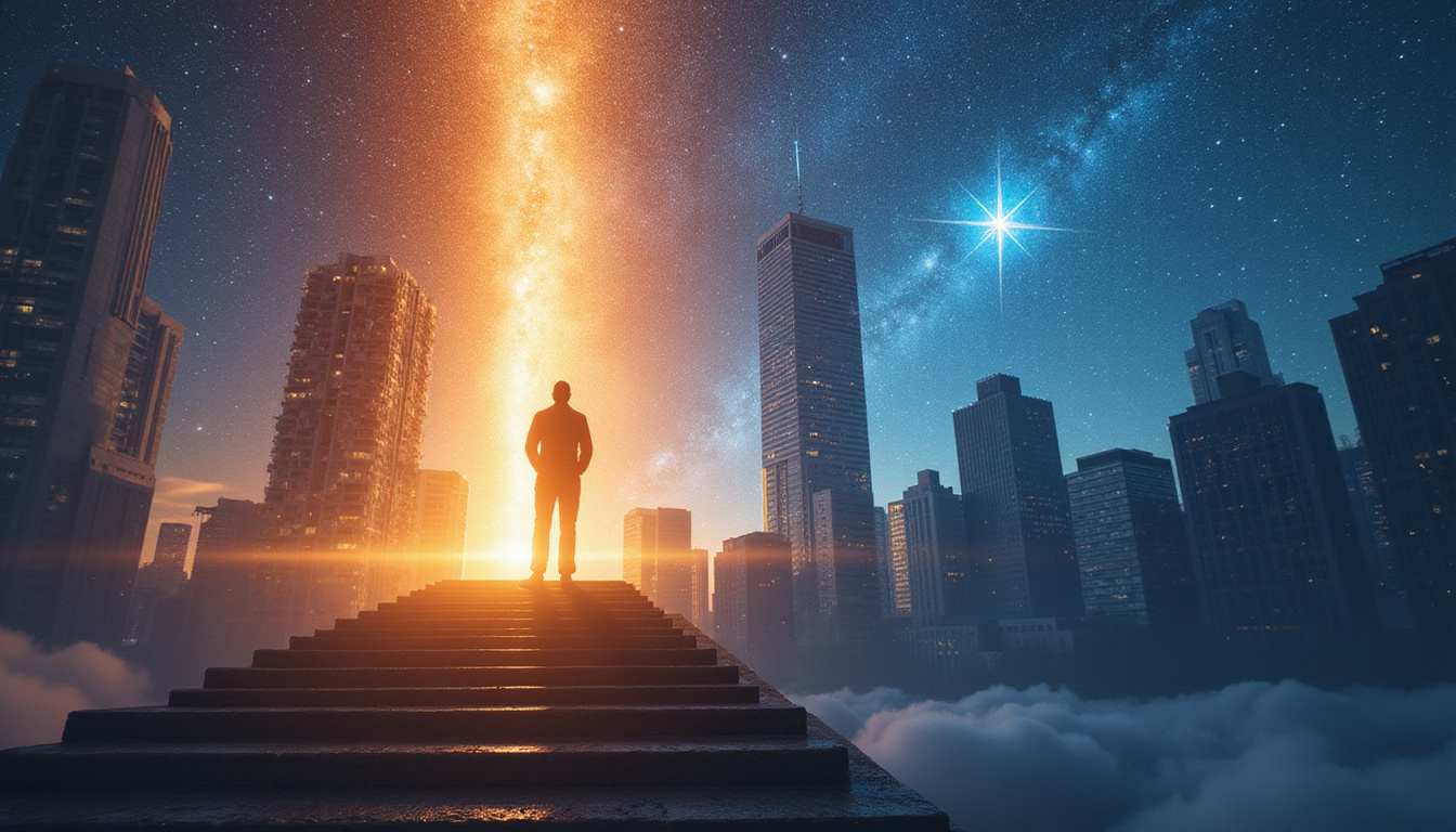 Confident silhouette ascending stairs of starlight toward corporate skyscraper, cosmic compass illuminating career path