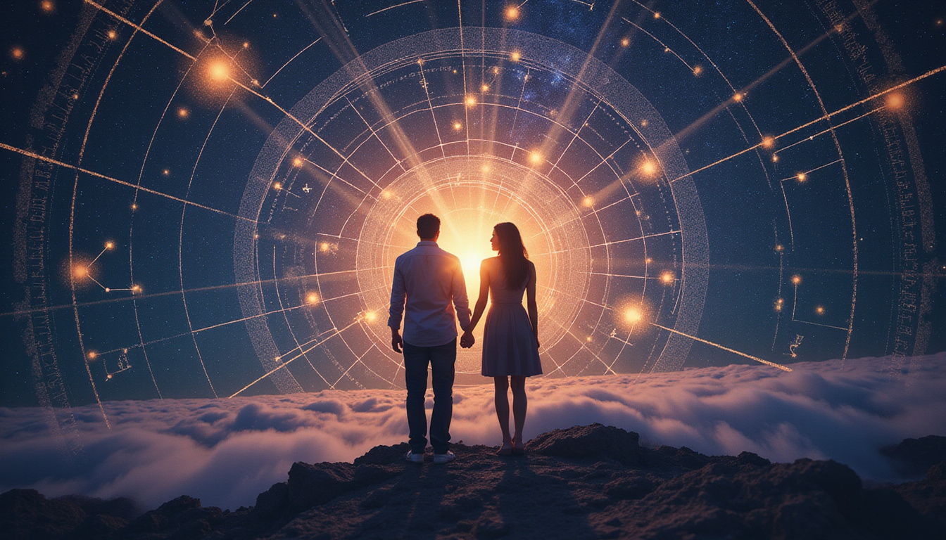 Couple bathed in celestial chart glow, constellations unlocking transformative relationship bonds