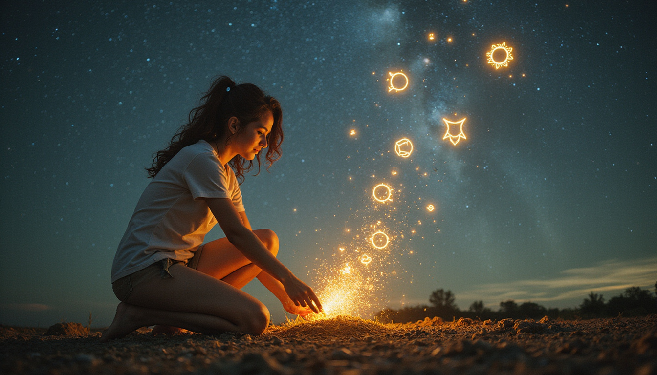  Young woman planting glowing seeds among falling astrological symbols, transforming setbacks into luminous growth