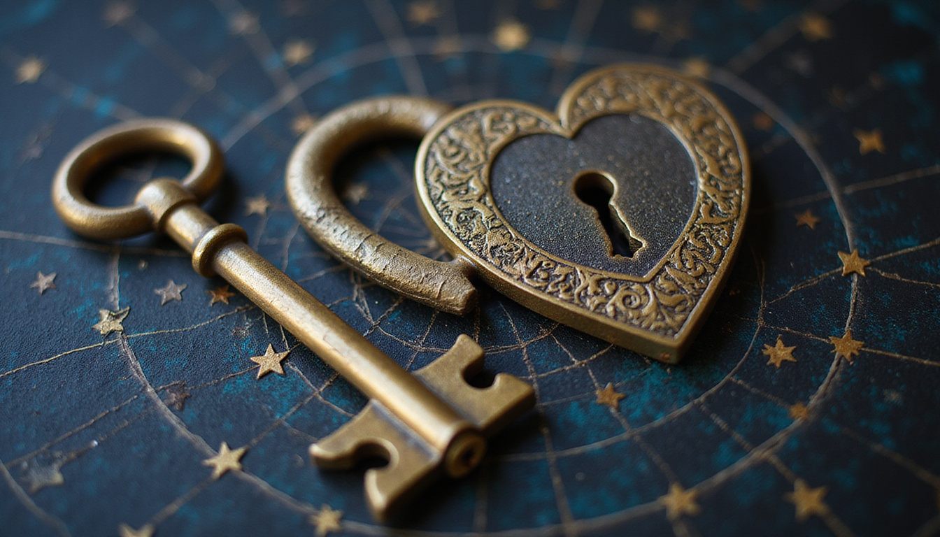 Ancient brass key unlocking a heart shaped lock of stars, astrological charts and match lines