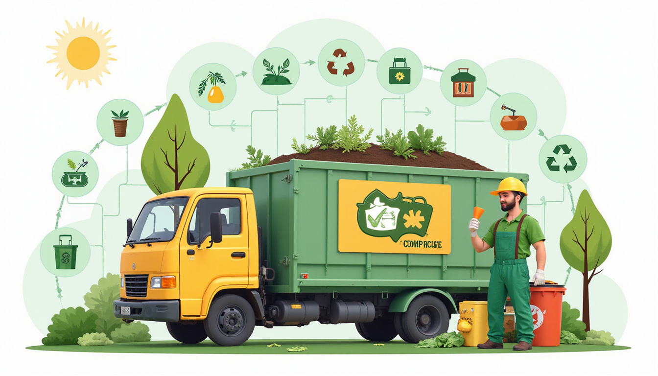 Cutaway composition of compost, recycling, trash systems with tips icons, neat garage storage, cheerful sanitation worker