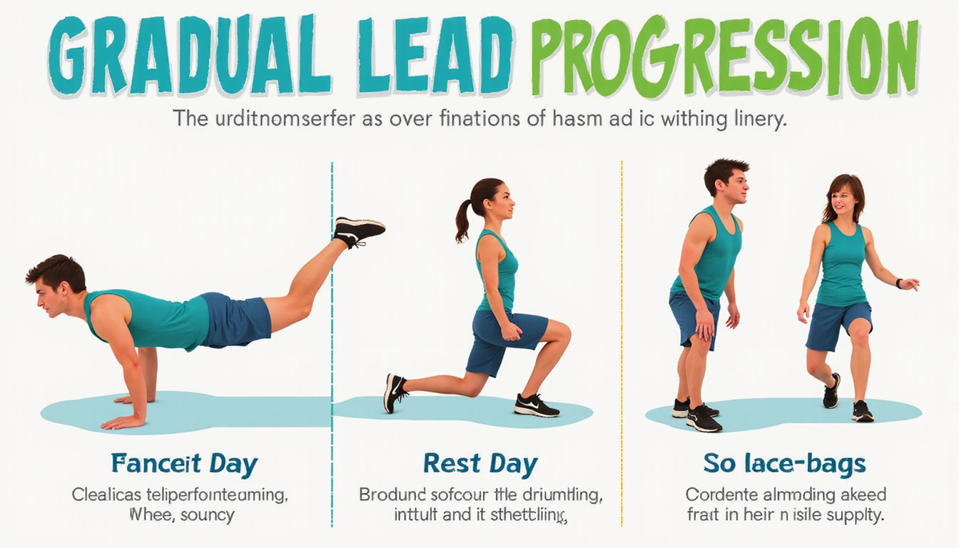  Split-scene infographic: gradual load progression, rest days, stretching, knee support, injury prevention graphics