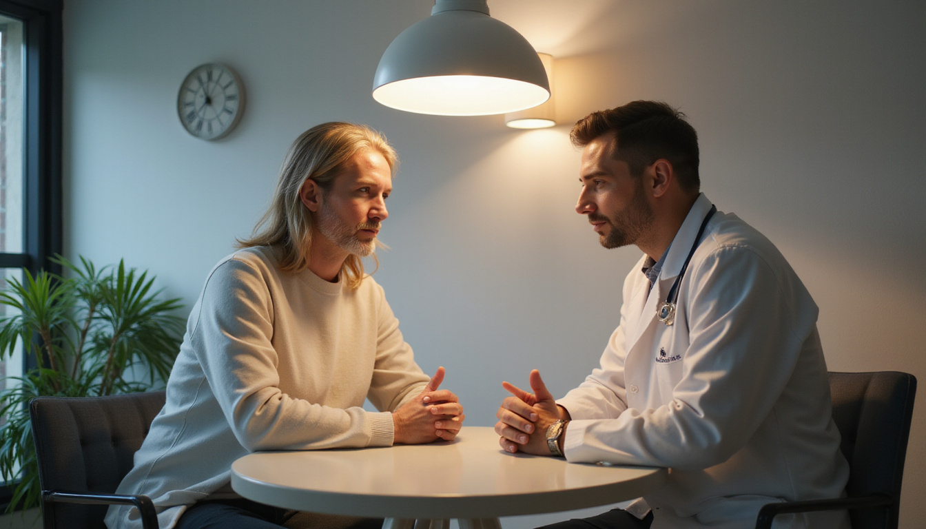  Doctor consulting patient under warm clinical light, discussing alternative hair loss treatments with visual aids