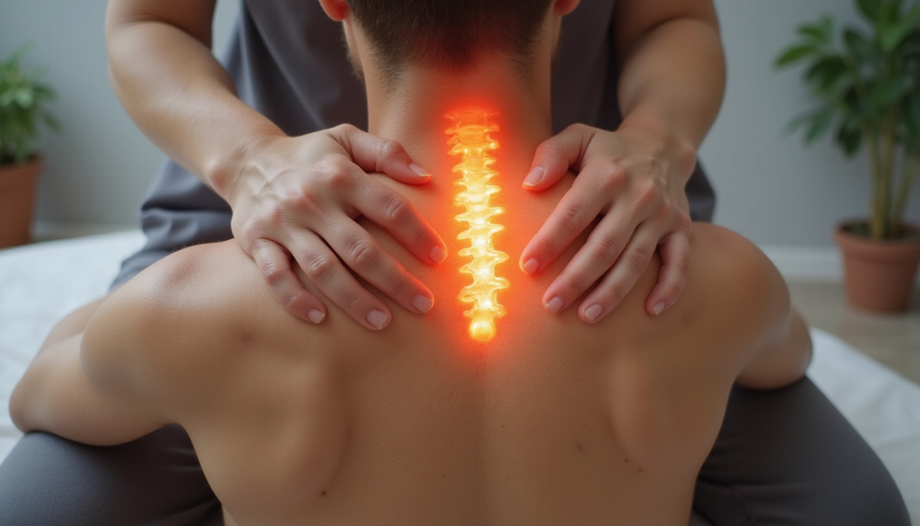 Close-up hands-on spinal mobilization, pain relief, warm clinical tones, fast non-surgical recovery imagery